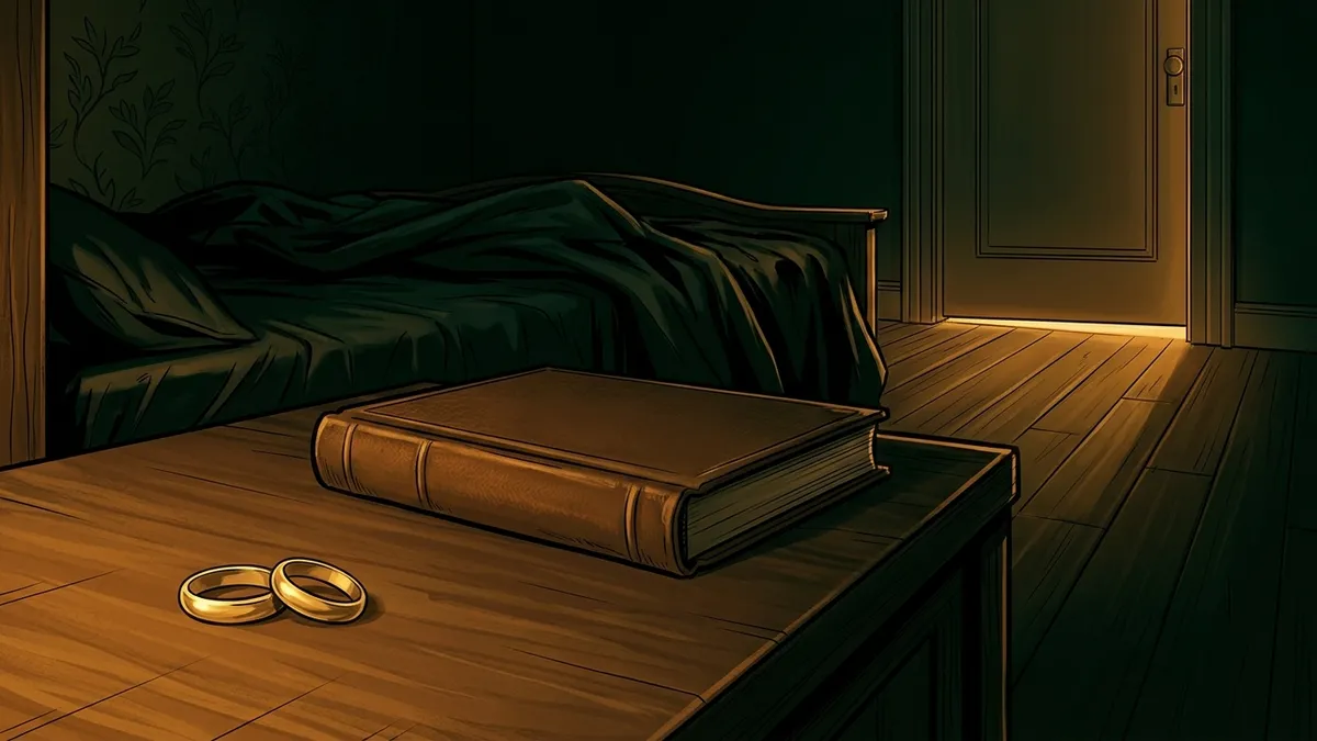 Illustration : une chambre dans la pénombre, un rai de lumière doré passant sous la porte, deux alliances posées sur une table de nuit près d'un livre relié, motif de feuillage discret
