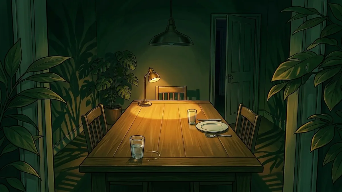 Illustration : une cuisine de nuit traversée d'ombres végétales, une petite lampe allumée au bout d'une longue table en chêne éclairant une assiette vide et son verre