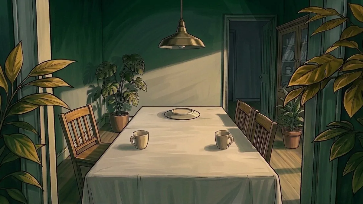 Illustration : une cuisine au petit matin, une longue table de chêne, une assiette retournée face contre la nappe au bout de la table, deux tasses vides, la lumière rasante d'une fenêtre et des plantes en pot, feuillages dorés en encadrement