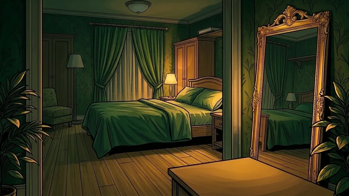 Illustration : une chambre le soir, une seule lampe allumée sur une table de nuit, un lit ouvert, un carnet fermé rangé en hauteur sur l'armoire, hors de portée, rideaux retenus sur les côtés devant un voilage, feuillages dorés stylisés en bordure