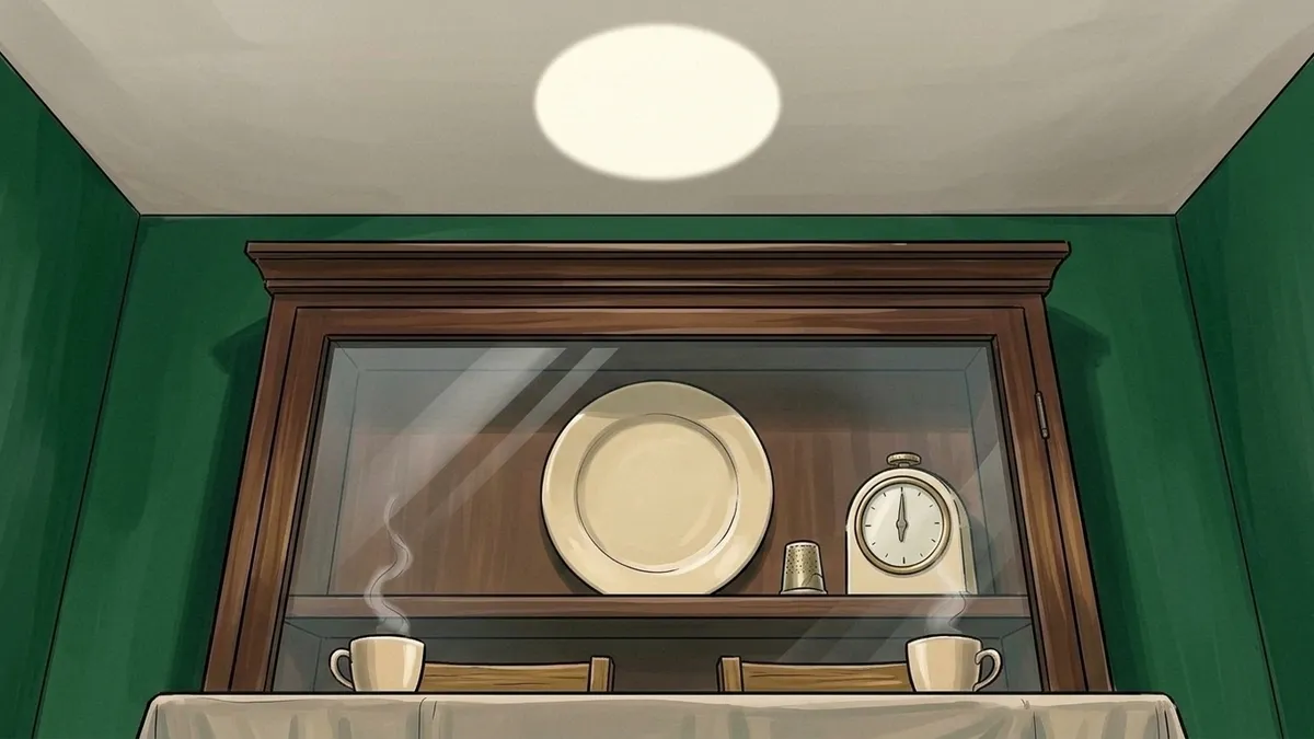 Illustration : une cuisine à onze heures du matin, un buffet vitré dont la vitre renvoie un rond de lumière au plafond, une assiette de faïence crème rangée debout derrière la vitre à hauteur de regard, un dé à coudre en os et un minuteur à cadran crème à côté, deux tasses sur la table au premier plan