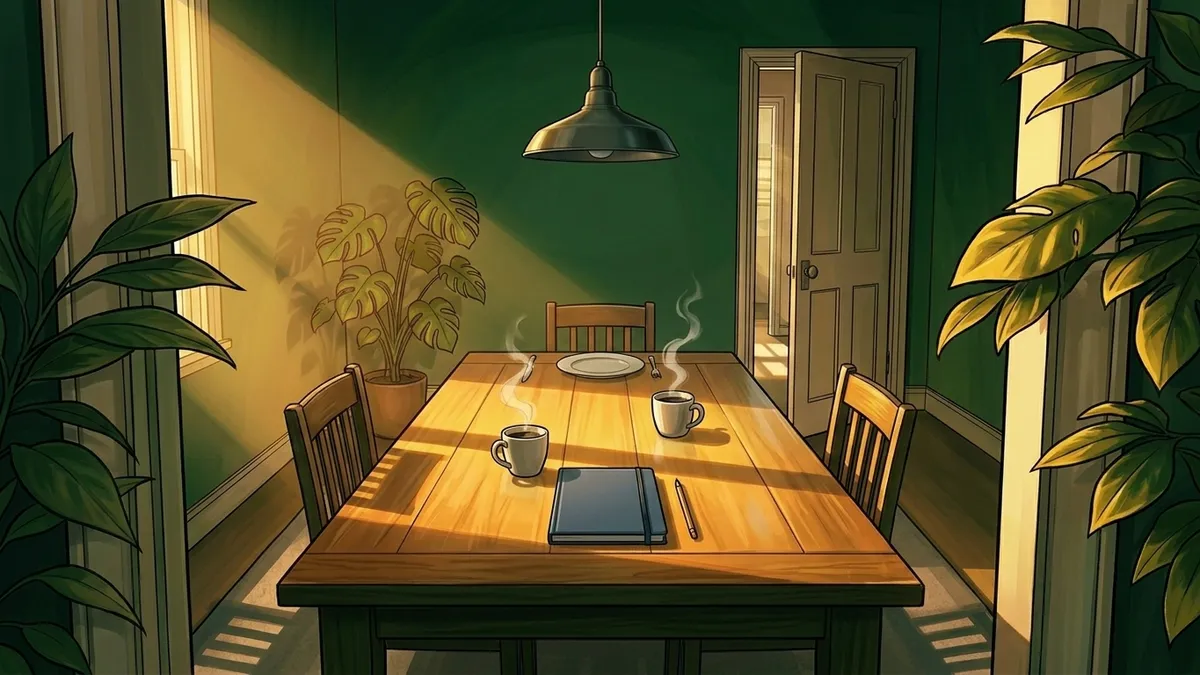 Illustration : une table de cuisine au petit matin, deux tasses fumantes face à face, une assiette vide en bout de table dans la lumière rasante, un carnet fermé et un crayon posés entre les tasses, encadrement végétal doré