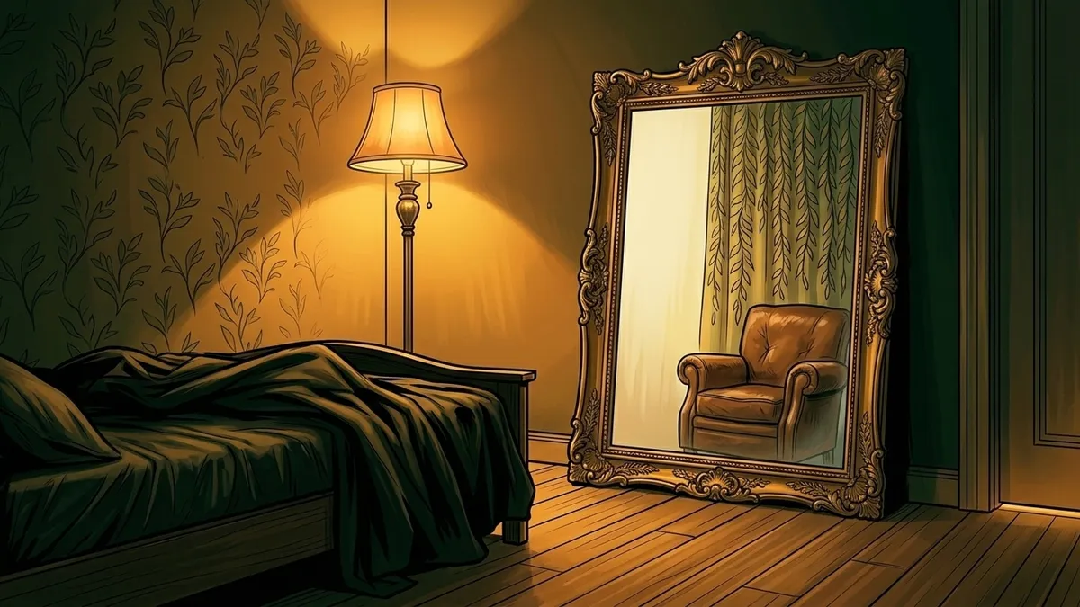 Illustration : une chambre à la lumière chaude, un grand miroir ancien au cadre doré reflétant un fauteuil vide et un rideau de feuillages stylisés, une lampe allumée posée au sol
