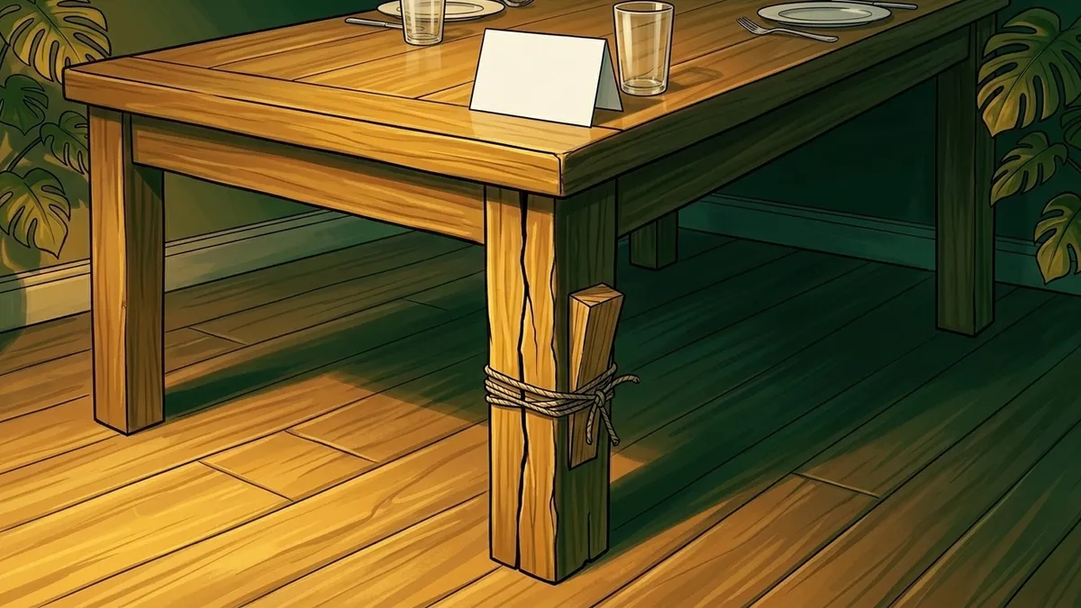 Illustration : un pied de table en chêne fendu calé de fortune, vu au ras du sol dans la lumière du matin, une carte de visite posée contre un verre vide sur la table au-dessus, ornements végétaux discrets
