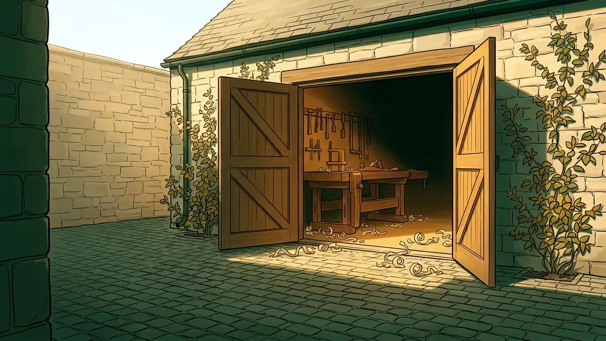 Illustration : une cour pavée au matin menant à une ancienne remise aux portes ouvertes, un établi visible dans la pénombre dorée, des copeaux de bois au sol et des plantes grimpantes stylisées sur les murs