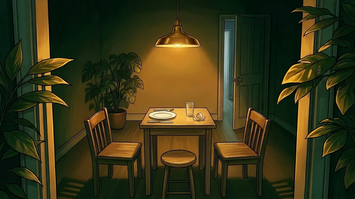 Illustration : une petite table de fortune dressée pour trois dans une cuisine au soir, deux chaises et un tabouret, une assiette vide éclairée par la lampe, un copeau de bois clair posé près d'un verre, feuillage doré en bordure