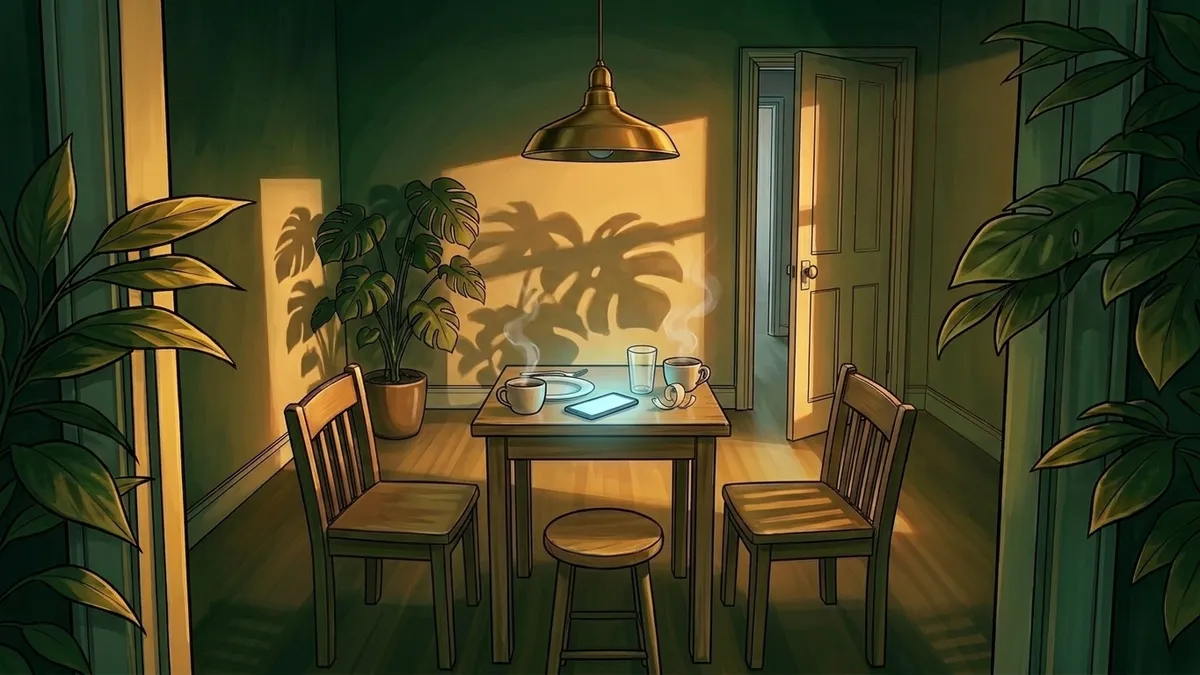Illustration : deux tasses de café face à face sur une petite table pliante au matin, un téléphone posé entre les deux dont l'écran s'illumine, un copeau de bois clair près d'une assiette vide, ombres de feuillage sur le mur