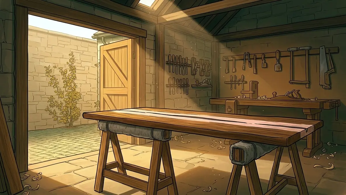 Illustration : l'intérieur d'une ancienne remise au matin, un long plateau de bois couché sur deux tréteaux gainés de feutre, une bande de bois clair fraîchement décapée le long d'une fente, outils rangés par familles au mur, lumière dorée tombant du toit