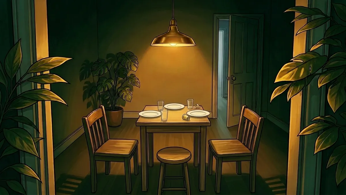Illustration : une petite table de fortune dressée pour trois dans une cuisine au soir, deux chaises et un tabouret, l'assiette du bout dépassant dans le vide sous la lampe, un dé à coudre en os posé près du verre, feuillages dorés en encadrement