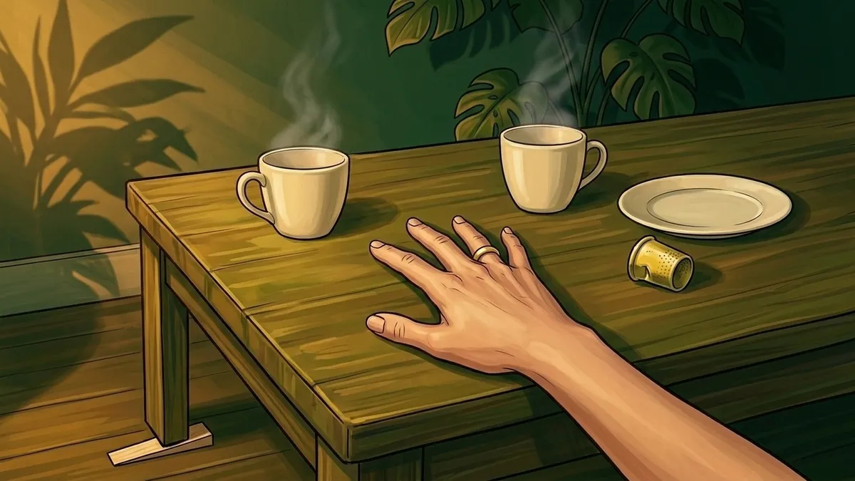 Illustration : deux tasses face à face sur une petite table de fortune au matin, une cale de hêtre clair glissée sous un pied, un dé à coudre en os près d'une assiette vide, une main de femme posée à plat, une alliance au doigt, ombres de feuillage sur le mur