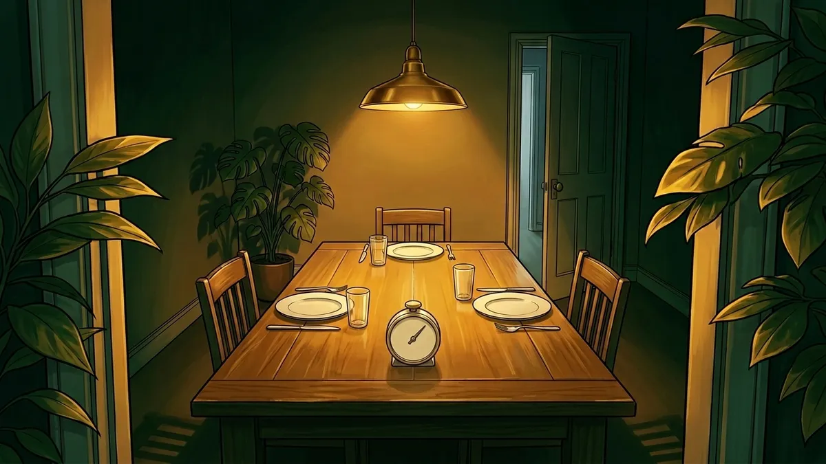 Illustration : une longue table de chêne restaurée, dressée pour trois dans une cuisine au soir, l'assiette du bout sous la lampe, un minuteur de cuisine à cadran crème posé au centre, encadrement de feuillages dorés