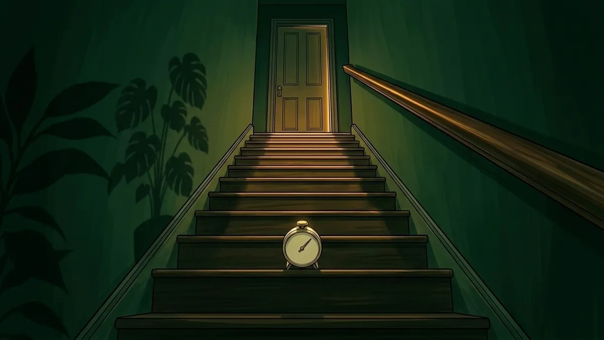 Illustration : un escalier de bois vu depuis une marche basse, un rai de lumière chaude sous une porte close en haut des marches, une rampe patinée, ombres de feuillages sur le mur, minuteur de cuisine posé sur une marche