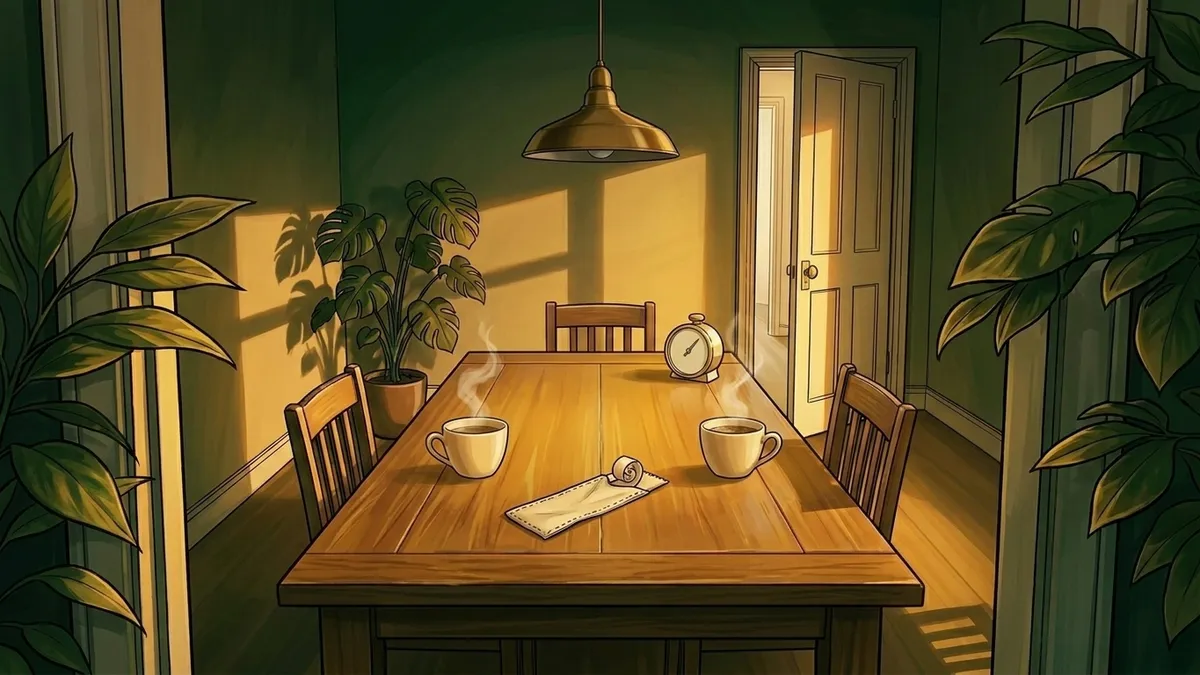 Illustration : deux tasses de café face à face au matin sur une longue table de chêne restaurée, un marque-page maladroitement relié en cuir clair contenant un copeau de bois, un minuteur de cuisine posé de côté, ombres de feuillage