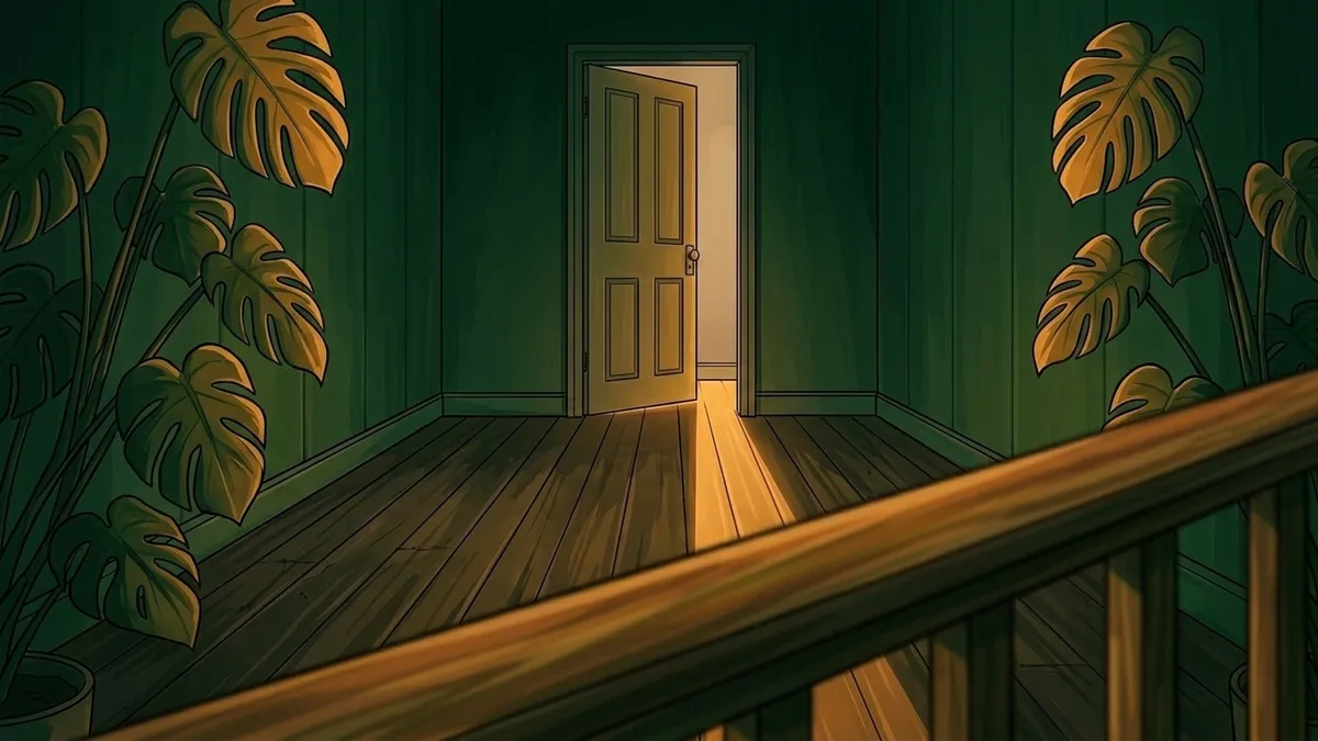 Illustration : une porte de chambre entrouverte vue du palier, un fil de lumière chaude au sol, une rampe d'escalier patinée au premier plan, feuillages dorés stylisés en encadrement