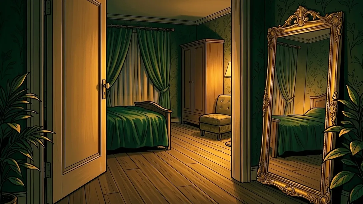 Illustration : une chambre à la lumière chaude vue depuis une porte grande ouverte, un grand miroir ancien au cadre doré sur le côté, un fauteuil bas près d'une armoire, rideaux et feuillages stylisés