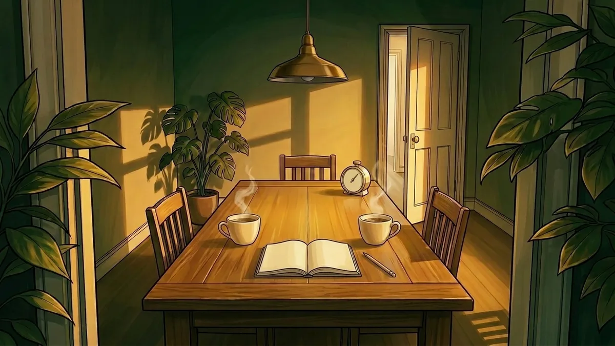 Illustration : deux tasses face à face au matin sur une longue table de chêne, un minuteur de cuisine à cadran crème posé au bout de la table, un carnet ouvert et un crayon au premier plan, ombres de feuillage sur le mur clair