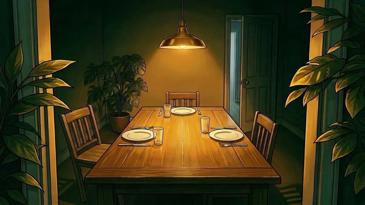 Illustration : une cuisine au soir, une longue table de chêne dressée pour trois sous la suspension, l'assiette du bout intacte et le verre vide, une chaise vide écartée, feuillages dorés en encadrement, lumière basse