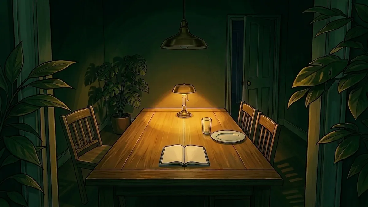 Illustration : une cuisine la nuit, une petite lampe allumée au bout d'une longue table de chêne éclairant une assiette vide et son verre, deux chaises tirées côte à côte, un carnet ouvert, ombres de feuillage sur le mur