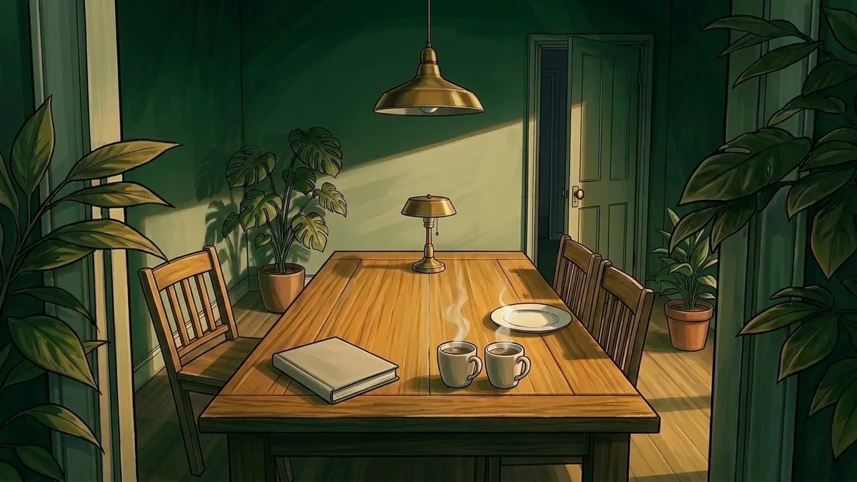 Illustration : deux tasses déjà posées côte à côte sur une longue table de chêne à l'aube, une assiette vide au bout, un carnet fermé, la lumière rasante d'une fenêtre et des plantes en pot, ombres de feuillage
