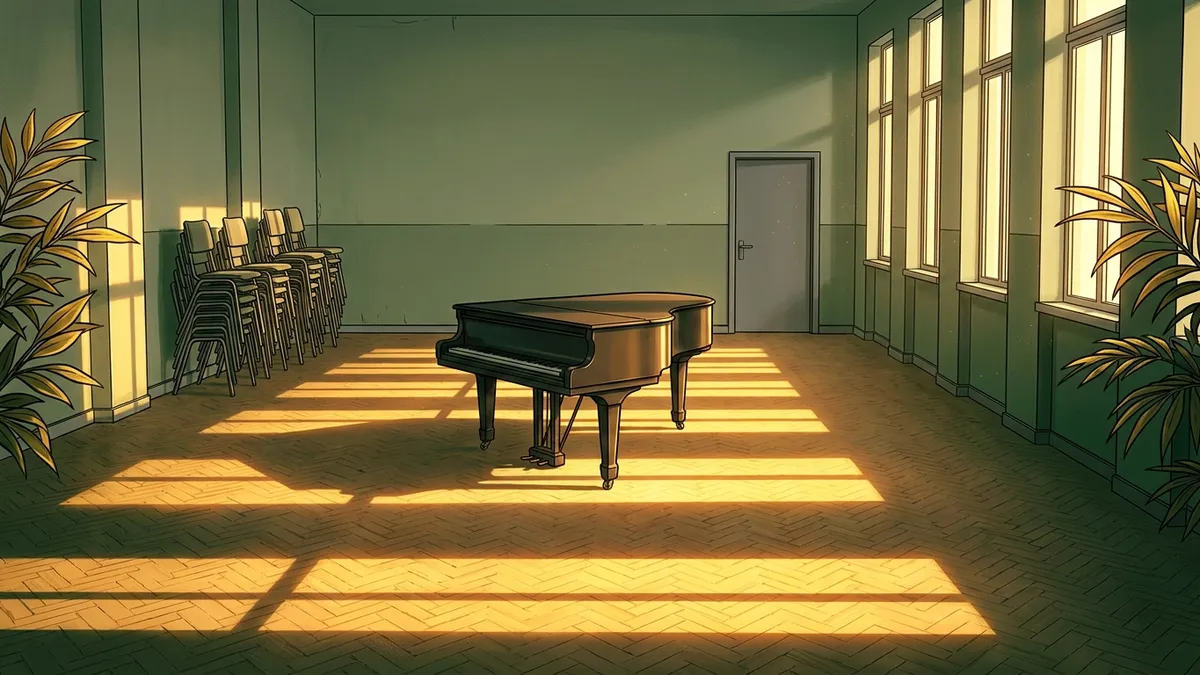 Illustration : une salle de répétition municipale en fin d'après-midi, un piano demi-queue couvercle fermé au centre, des chaises empilées contre un mur, une porte grise fermée, lumière rasante par de hautes fenêtres, feuillages dorés stylisés en bordure