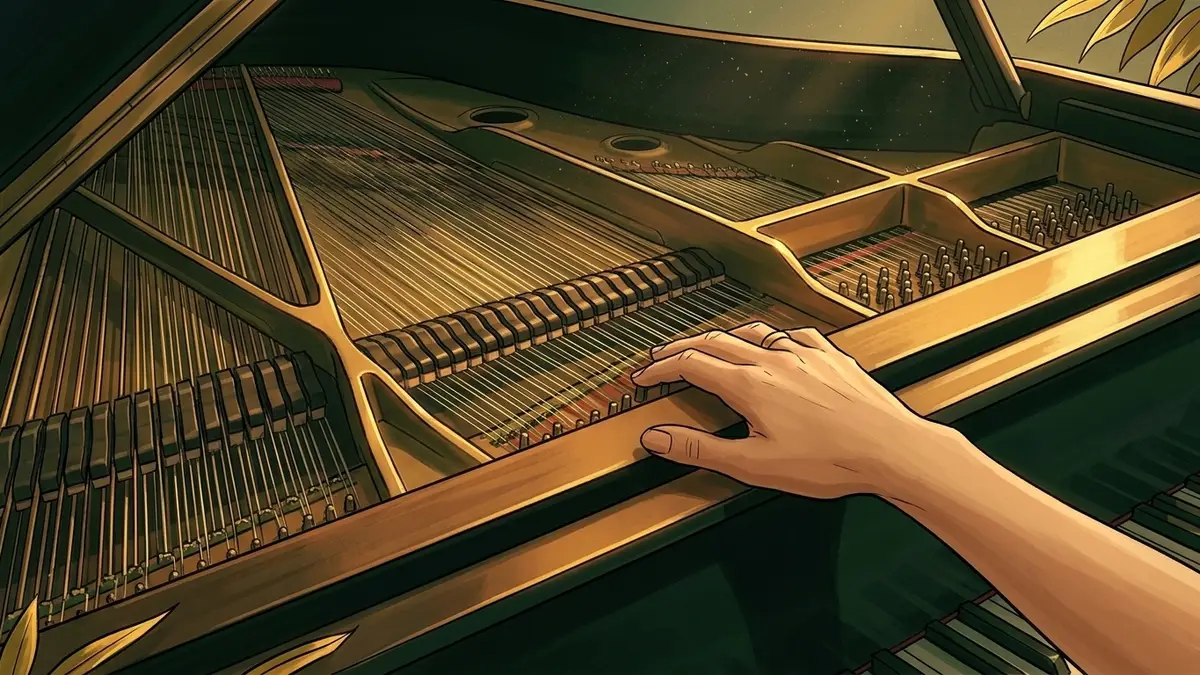 Illustration : l'intérieur d'un piano à queue ouvert, cordes et marteaux de feutre vus de près dans une lumière chaude, une main de femme posée sur le bord du cadre, poussière en suspension, ornements végétaux discrets