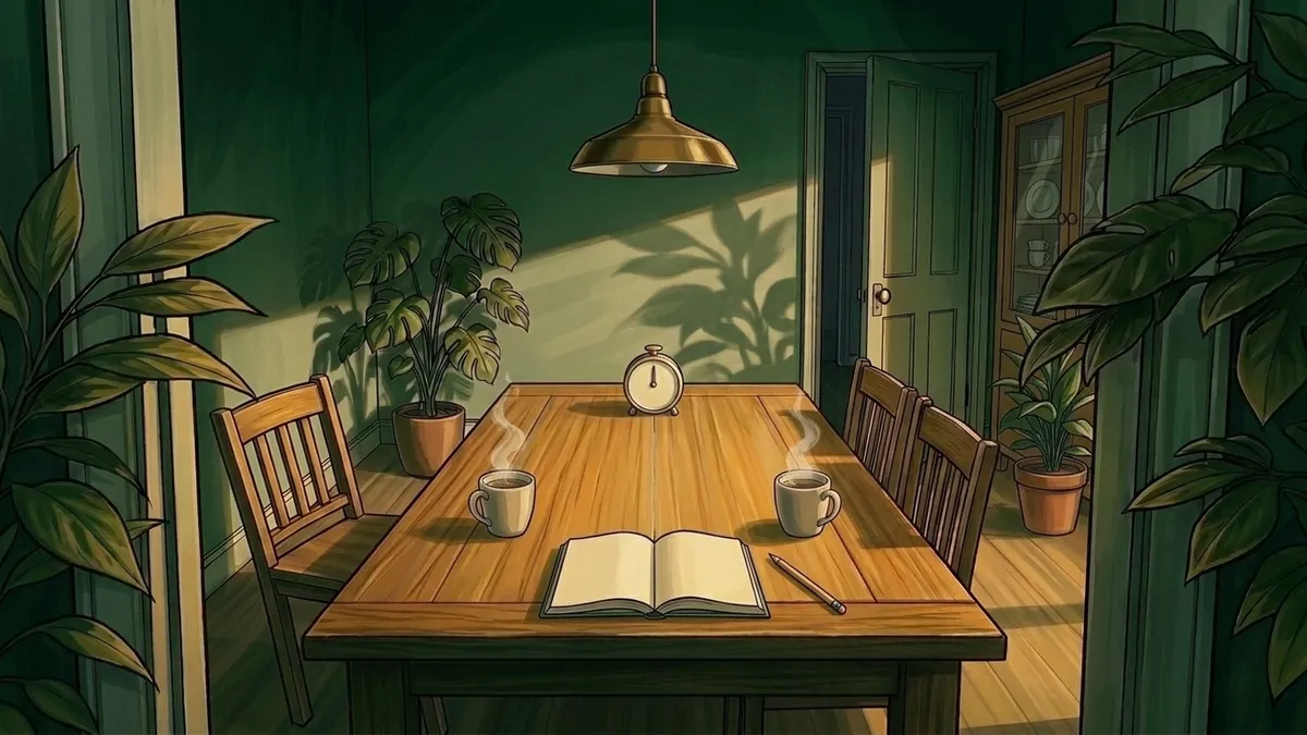 Illustration : deux tasses face à face au matin sur une longue table de chêne, un carnet ouvert à une page blanche, un crayon taillé, un minuteur de cuisine posé à l'écart au bout de la table, un buffet vitré au fond de la pièce, ombres de feuillage sur le mur