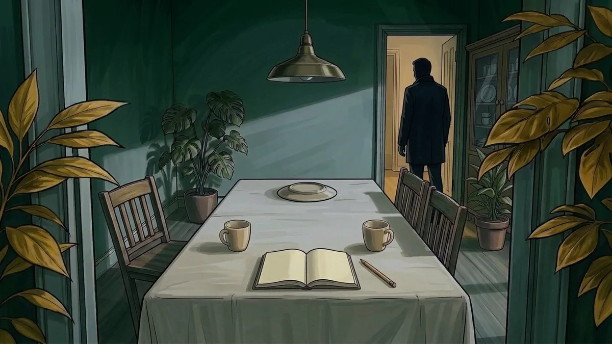 Illustration : une cuisine à l'aube, deux tasses vides face à face sur une longue table de chêne, une assiette au bout retournée face contre la nappe, un carnet ouvert, une silhouette d'homme habillé près de la porte dans la pénombre, feuillages dorés en encadrement