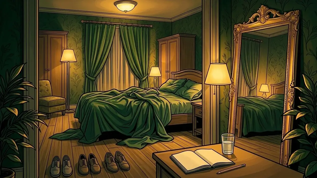 Illustration : une chambre la nuit, toutes les lampes allumées, un lit défait vu de biais, un carnet ouvert et un verre d'eau posés sur une table basse au premier plan, trois paires de chaussures alignées sur le parquet, feuillages dorés stylisés