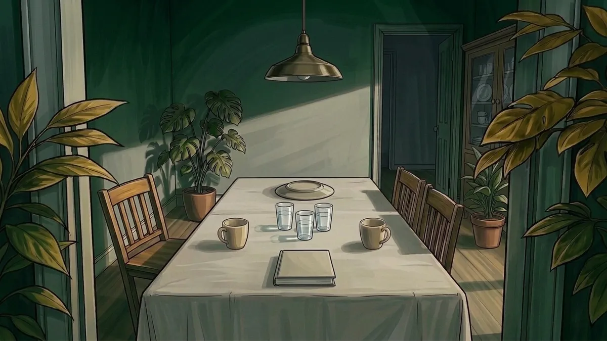 Illustration : une cuisine à l'aube, trois verres d'eau et deux tasses sur une longue table de chêne, une assiette au bout retournée face contre la nappe, un carnet fermé, la lumière grise d'une fenêtre et des plantes en pot, ombres de feuillage