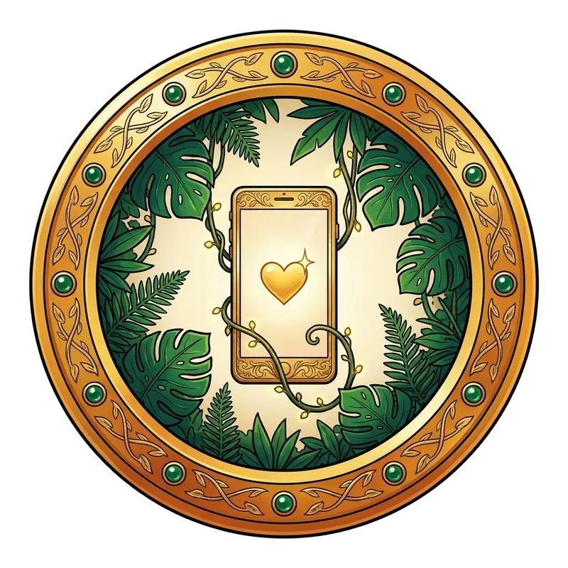 Médaillon doré : smartphone orné d'un cœur d'or entre les lianes — meilleures applis sexo
