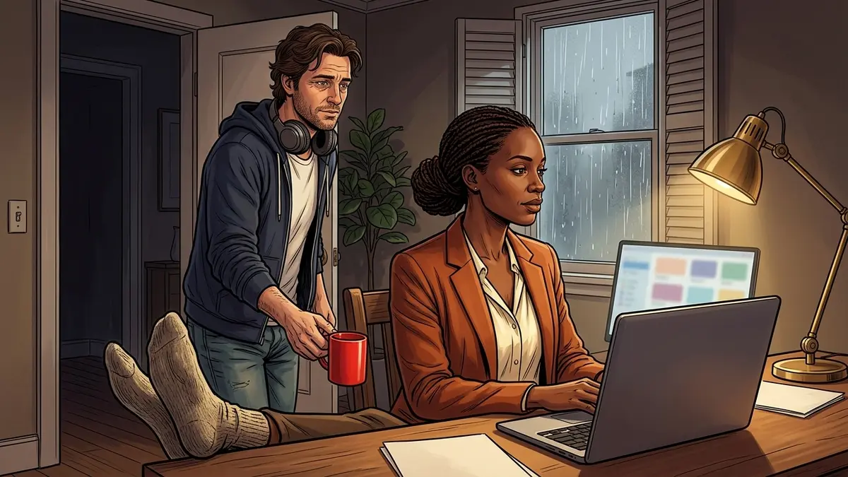 Illustration : un jeudi de pluie, une femme en blazer suit une visioconférence en mosaïque floue, les pieds en chaussettes de laine hors du cadre de la caméra, pendant qu'un homme s'approche pour poser un mug rouge près du clavier