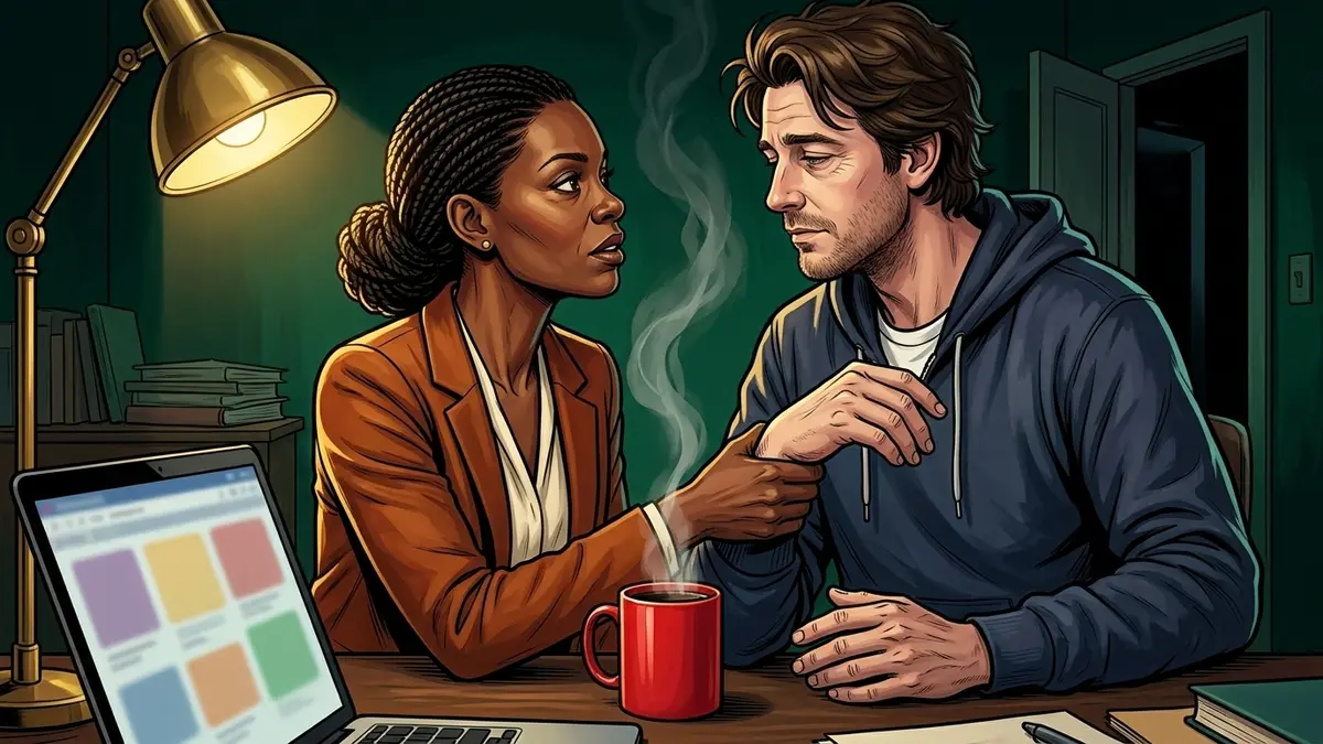 Illustration : une femme retient par le poignet l'homme qui vient de poser un mug rouge fumant près de son ordinateur, leurs visages levés l'un vers l'autre dans la lumière dure d'une lampe de bureau