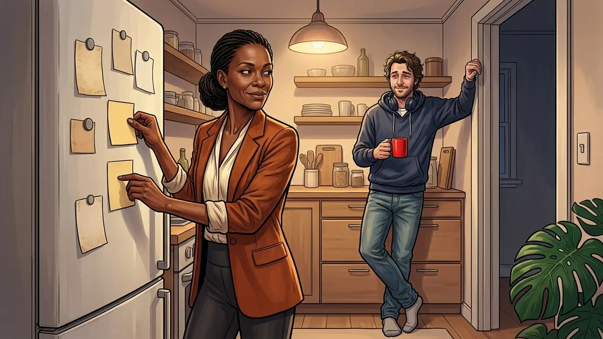 Illustration : dans la cuisine le soir, une femme lisse du pouce un pense-bête vierge sur la porte du réfrigérateur en souriant par-dessus son épaule à l'homme adossé à l'embrasure, mug rouge à la main