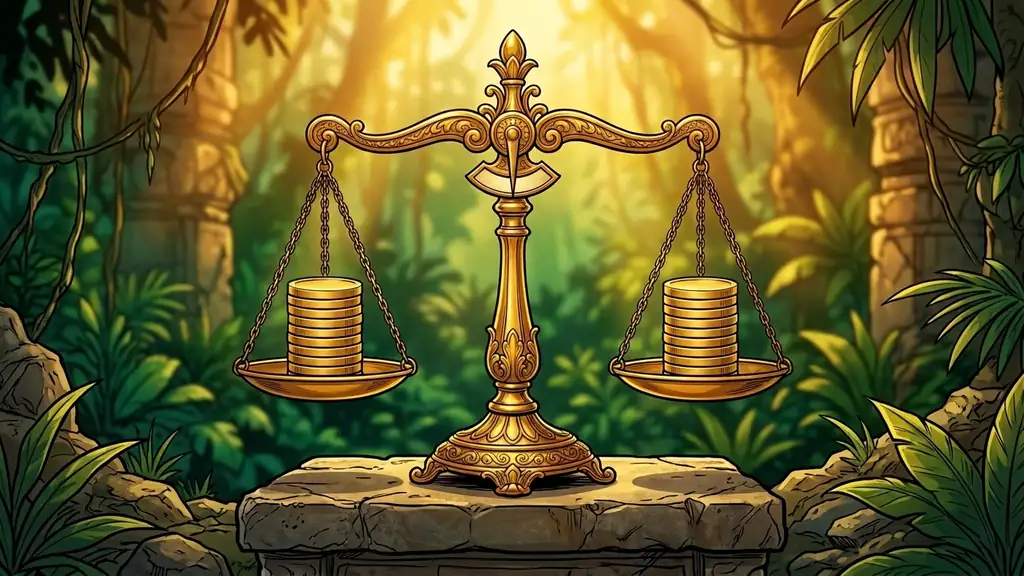 Tokens MyFreeCams : balance dorée à l'équilibre, allégorie du partage 50/50 — illustration Sexorado