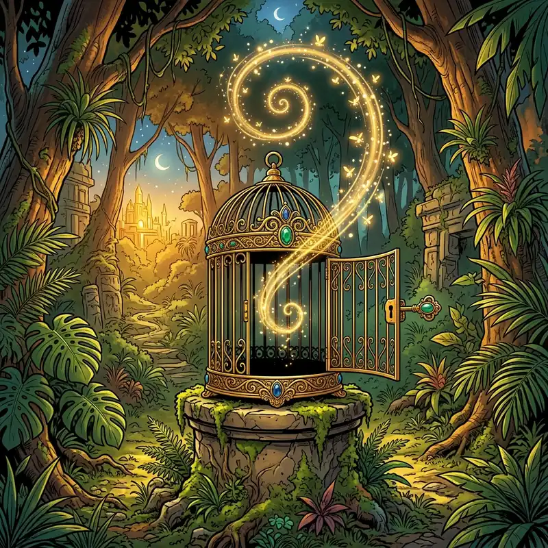 Cage dorée ouverte d'où s'échappent des volutes de lumière, clé émeraude dans la serrure — les mots qui se libèrent
