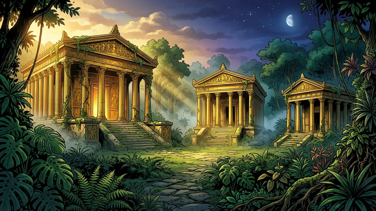 Plateformes créateurs en 2026 : illustration Sexorado de trois temples dorés dans la jungle à l'heure du changement