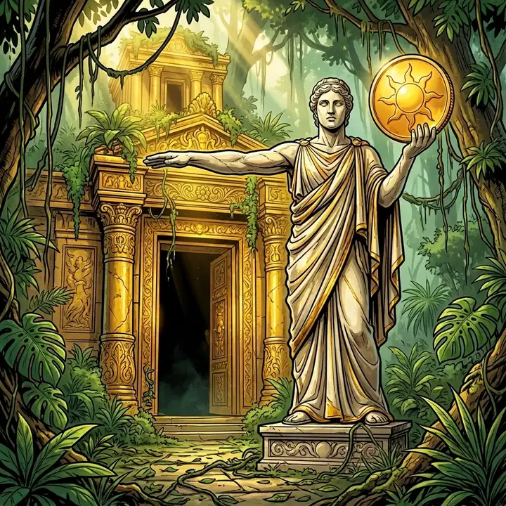 Nouvelles règles Fansly : quand les processeurs de paiement arbitrent — illustration Sexorado d'une statue barrant un temple d'une pièce d'or