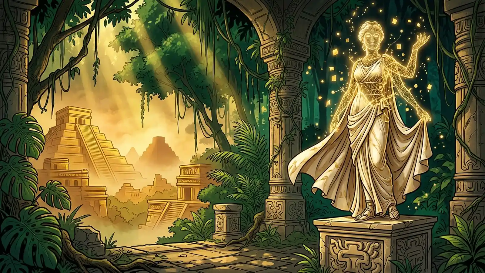 Porno généré par IA : illustration Sexorado d'une statue mi-marbre mi-pixels dorés