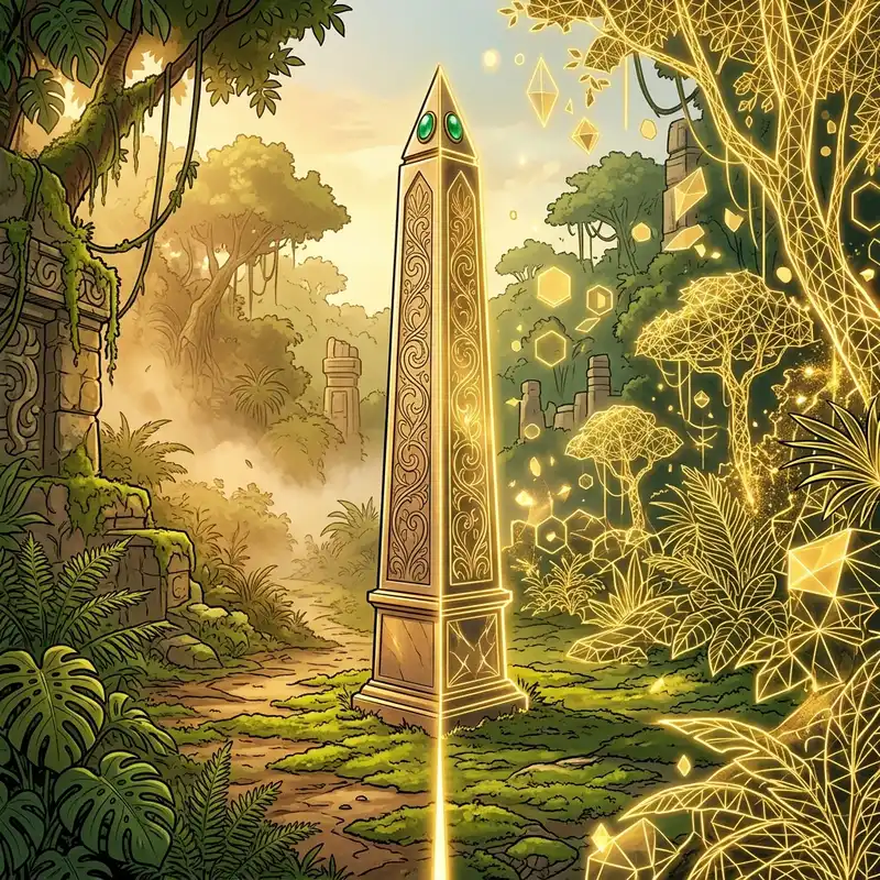 Obélisque doré entre jungle réelle et jungle de lumière synthétique — la frontière légale des contenus générés