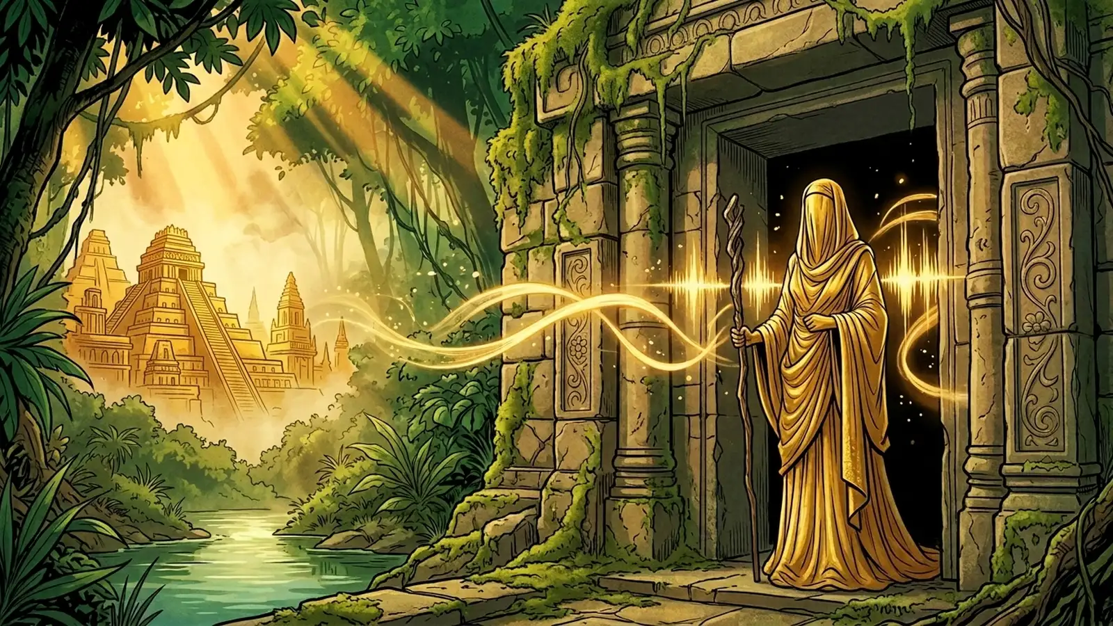Projekt Melody : illustration allégorique Sexorado d'une oracle voilée d'or dont seule la voix sort du temple, sans reproduction de l'avatar