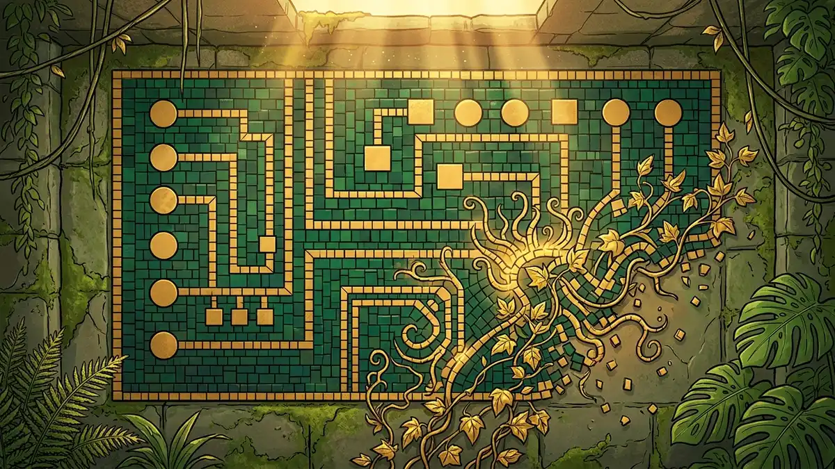 Le lore d'IA corrompue de Projekt Melody : allégorie Sexorado d'un lierre doré envahissant un circuit en mosaïque