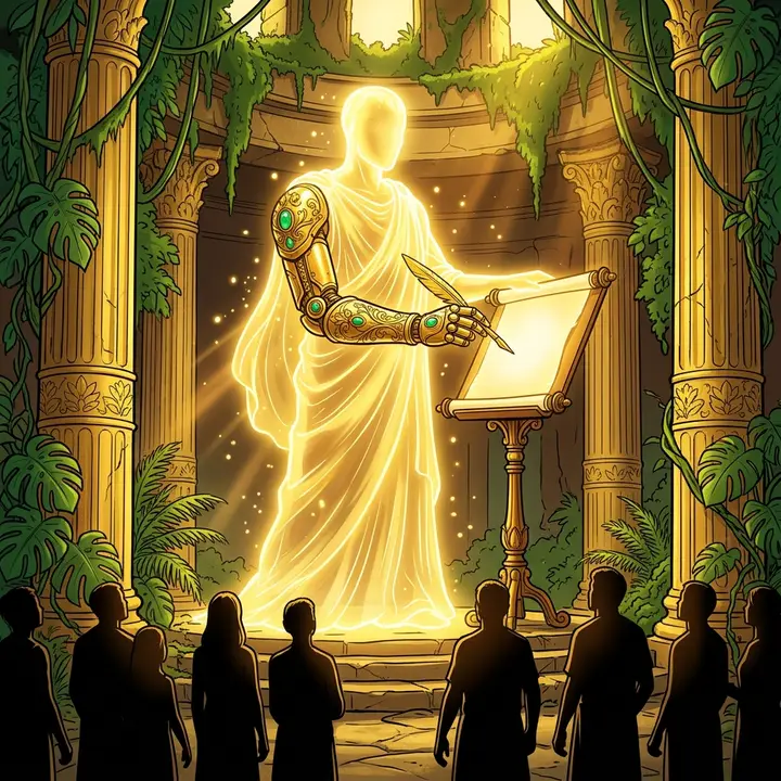 L'hologramme de TwitchCon 2022 : allégorie Sexorado de Projekt Melody en statue de lumière signant d'une plume d'or