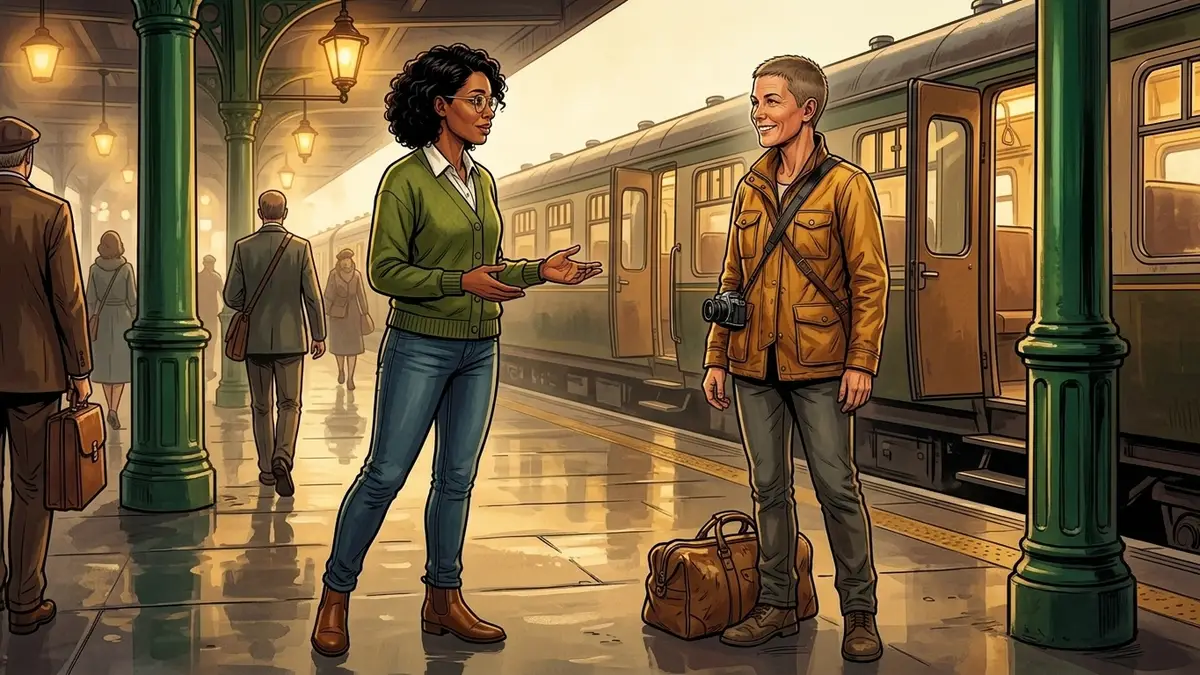 Illustration : deux femmes s'arrêtent à un mètre l'une de l'autre sur un quai de gare, un sac de voyage posé au sol, le train encore à quai derrière elles