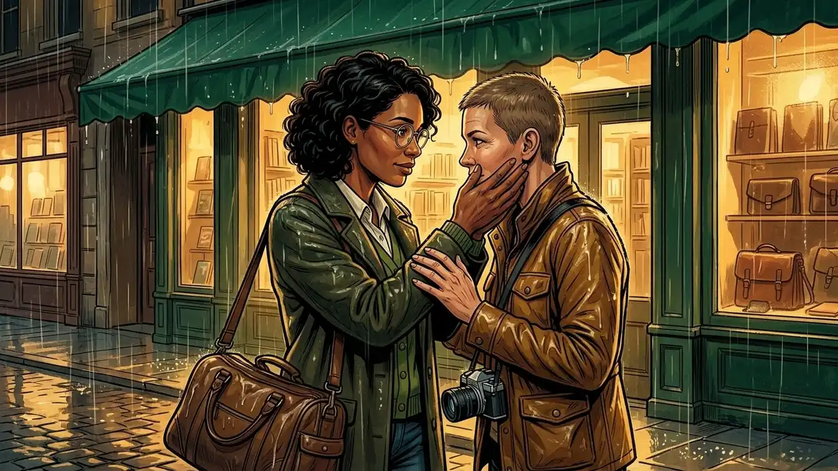 Illustration : sous une pluie fine, une femme prend le visage de sa compagne entre ses deux mains devant la vitrine éclairée d'une librairie