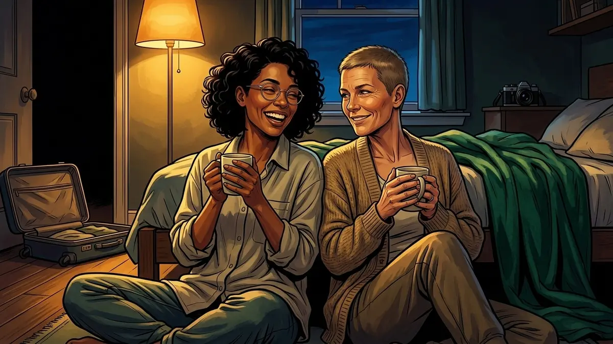 Illustration : deux femmes assises par terre contre un lit, épaule contre épaule, une tasse de thé dans les mains, une valise ouverte derrière elles