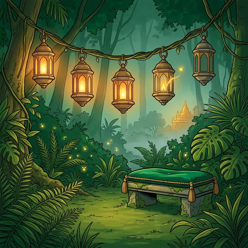Guirlande de cinq lanternes dorées allumées une à une dans la jungle — des rituels de reconnexion à son rythme