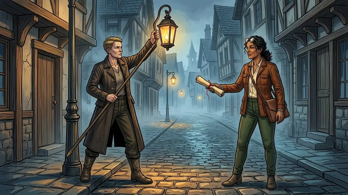 Illustration : au crépuscule dans une rue pavée aux façades penchées, une allumeuse de réverbères allume la lanterne de fer, sa perche à la main, tandis qu'une cartographe aux lunettes sur le front lui tend une carte roulée nouée d'un fil rouge, la brume estompant les rues qui se réarrangent au loin