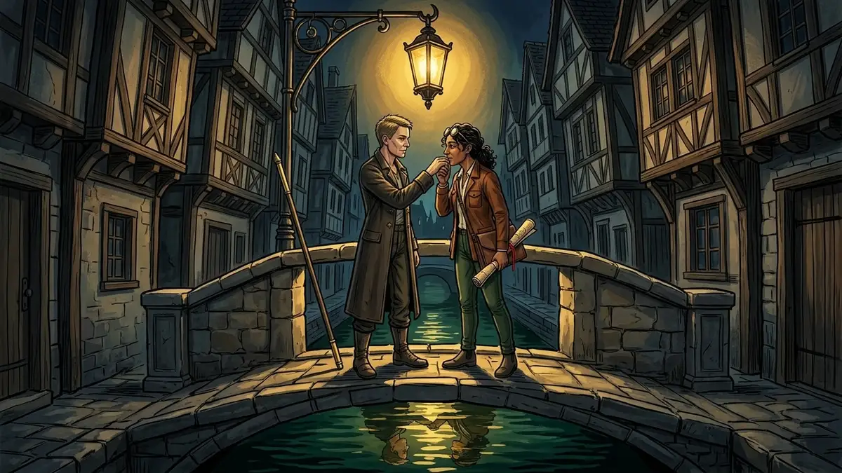 Illustration : sur un pont étroit au-dessus d'un canal noir, sous une lanterne unique, une femme porte la main de sa compagne à un souffle de ses lèvres, la carte au fil rouge sous le bras, leurs reflets dorés tremblant dans l'eau sombre