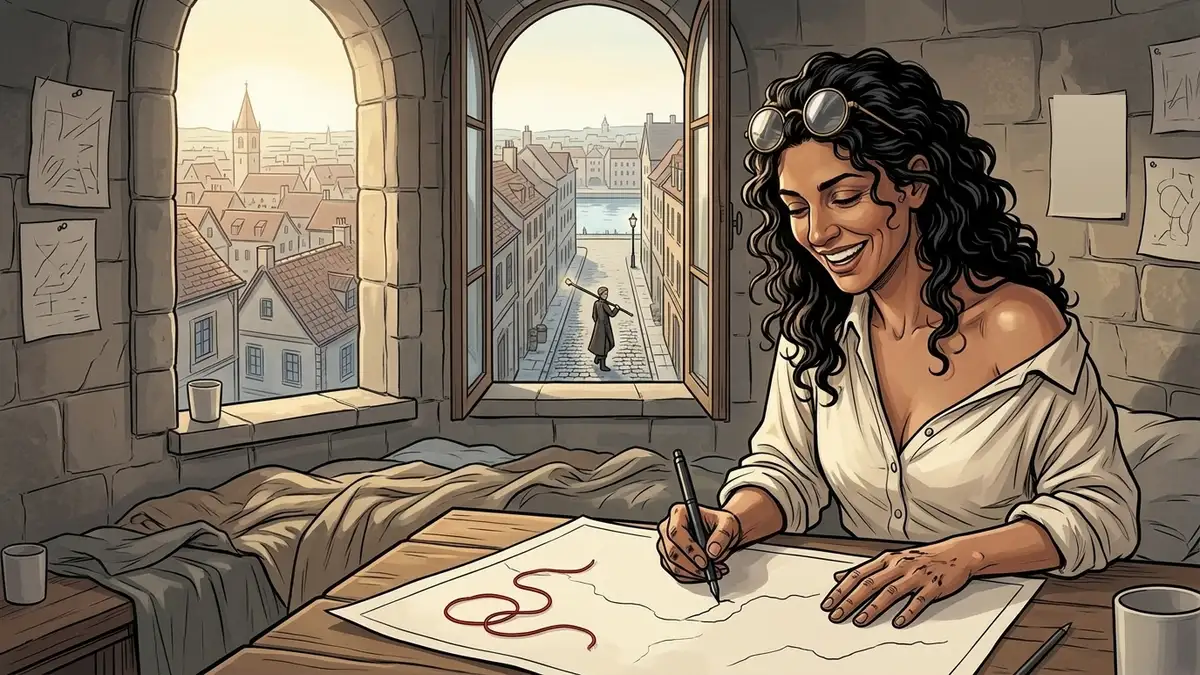 Illustration : au petit matin en haut d'une tour, une cartographe en chemise, l'épaule nue et les lunettes sur le front, encre en riant une carte neuve près du fil rouge dénoué, et par la fenêtre une rue fraîchement pavée où une femme à la perche descend vers l'unique réverbère éteint