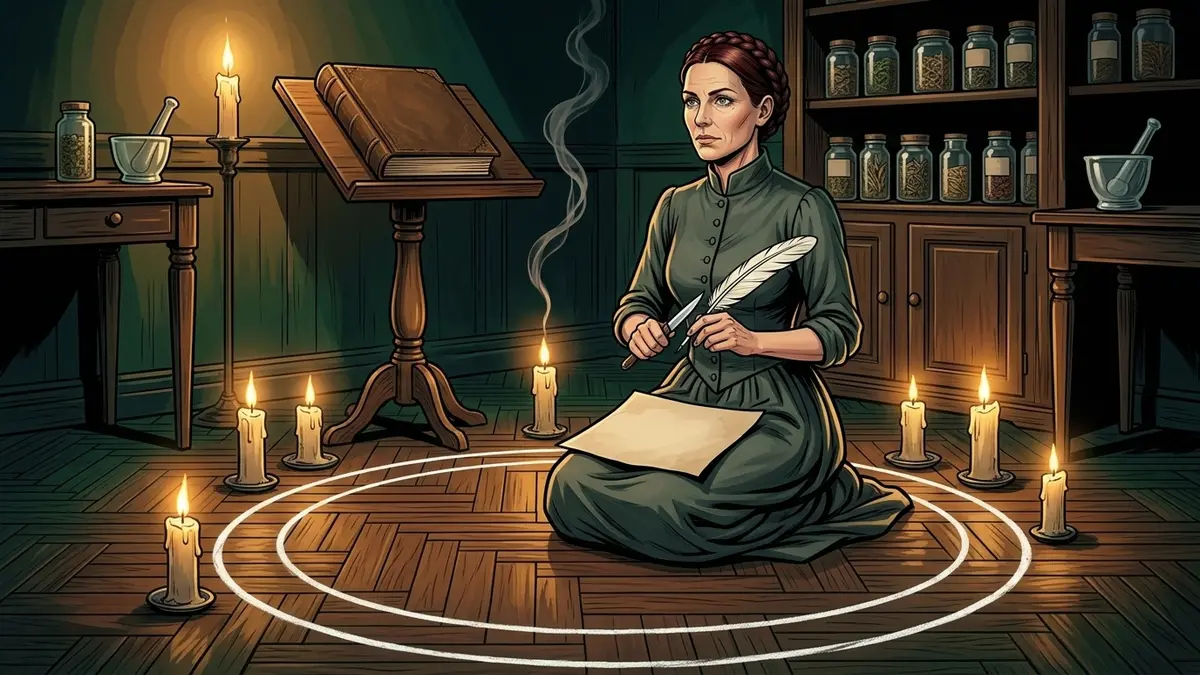 Illustration : dans un cabinet d'étude nocturne éclairé de bougies, une femme en robe boutonnée agenouillée au bord d'un cercle de craie vide taille une plume d'oie, un parchemin vierge sur les genoux, un grimoire fermé sur un lutrin et des bocaux d'herbes derrière elle